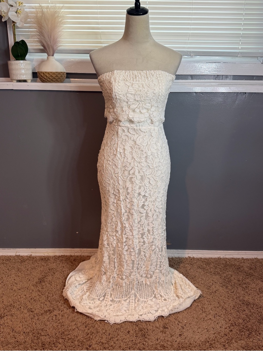 Lulus White Lace Mermaid Maxi Dress Strapless Bridal Rehearsal Gown Small USA